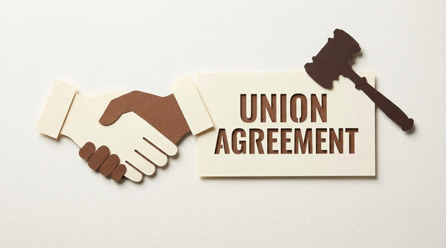 Union agreement concept with paper cut handshake and judge gavel symbolizing legal contract and cooperation in labor relations