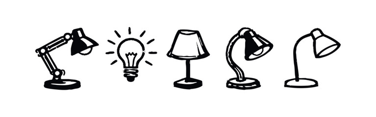 Obraz premium Hand-Drawn Lighting Icons Set - Desk Lamp, Light Bulb, and Table Lamps
