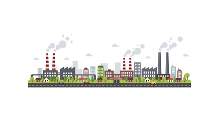 Naklejka premium A sprawling industrial cityscape is illustrated with numerous factories featuring tall smokestacks emitting white smoke, alongside residential buildings, green trees, and a road with cars.