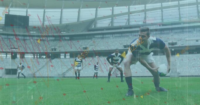 Animation of data processing over diverse rugby players at stadium