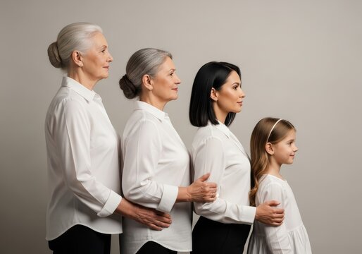 Four women of different generations, from child to senior, standing in a row in profile. Concept of female age progression and family bonding.