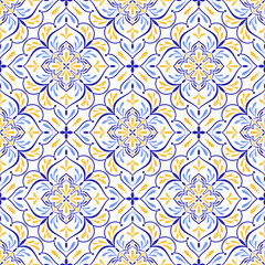 Fototapeta premium Mediterranean blue yellow seamless pattern. Ethnic mosaic design. Azulejo, talavera, or majolica motifs. Portuguese, Italian, Spanish, Sicilian tile. Floral ornament. Hand drawn vector illustration