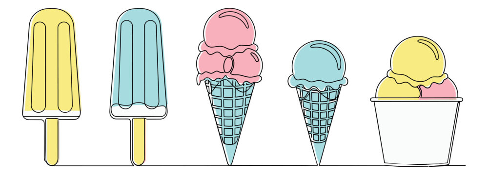 Hand drawn continuous line art ice cream and frozen dessert set featuring popsicles, cones, and a cup for summer treats and sweet snacks