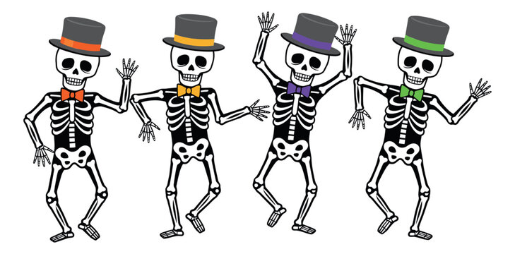 Cartoon skeletons set featuring dancing poses with top hats and colorful bow ties for halloween parties