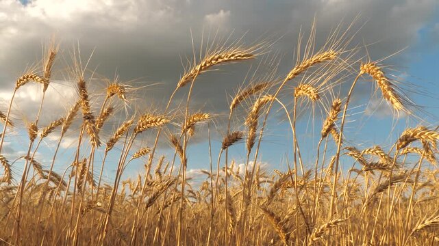 Golden wheat fields sway unde vast sky, agriculture thrives through rich harvest, farmers rely wheat staple crop, ripening grains signify success rural hard work, wheat production supports food