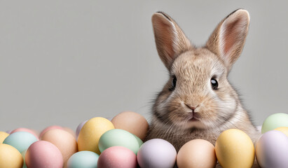 Fototapeta premium A cute Easter bunny surrounded by pastel eggs on a light background. Easter banner with copy space. An adorable fluffy bunny surrounded by pastel Easter eggs on a soft neutral background