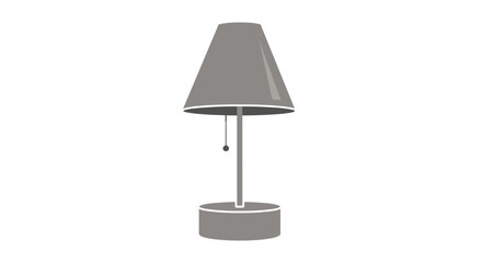 A simple, minimalist grey table lamp with a conical shade and a cylindrical base is centrally positioned against a pristine white background.