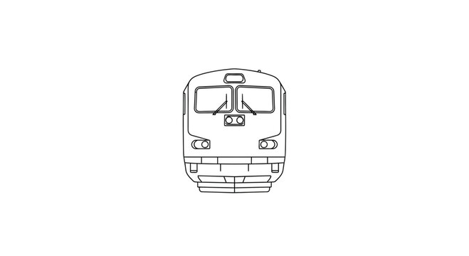 Front view line drawing of a modern train locomotive, isolated on white background.