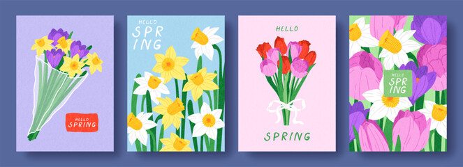 Hand drawn botanical set of posters or cards with spring flowers. Vintage illustrations with narcissus, tulip, crocus. Modern template design for Mother's Day, Easter, Women's Day, holiday invitation