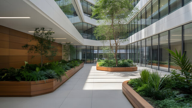 Bright and modern atrium with planters and a beautiful tree in the center.