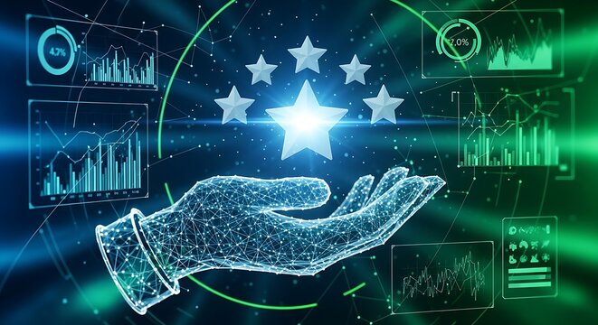 A glowing hand with stars and data visualization elements in a futuristic interface design.