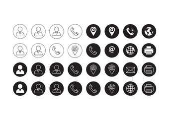 Set of contact icons for personal and business communication, including people, phone, mail and location