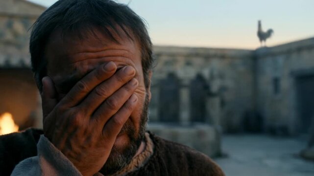 Man expressing intense emotion with tears and rooster crowing in background, biblical denial of Christ concept.