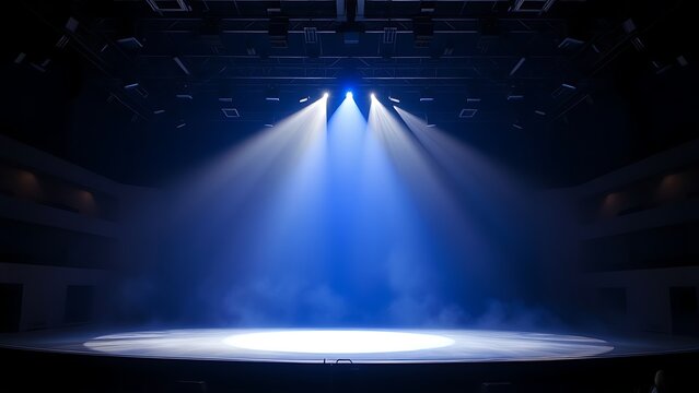 An atmospheric concert stage with a single blue spotlight and subtle haze in the performance area. event programs, museum guides, designed for cultural heritage projects and event programs.