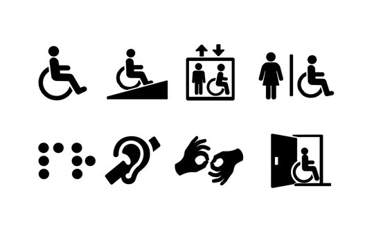 Accessibility symbols: wheelchair ramp, braille, sign language, hearing impairment, elevator access