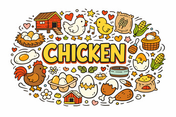 Fototapeta premium Colorful chicken and farm life illustration with eggs and chicks