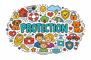 Naklejka premium Family protection concept with diverse safety icons and happy characters