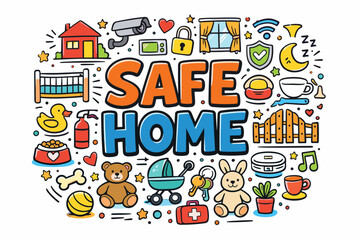 Colorful doodle illustration of safe home with toys and security elements