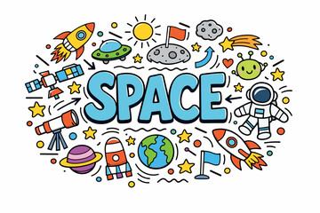 Fototapeta premium Colorful space doodles featuring planets, rockets, and astronaut