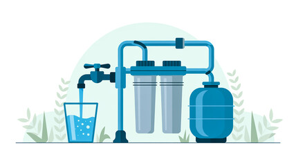 A minimalist illustration of a reverse osmosis water filtration system in a light blue and white color scheme.