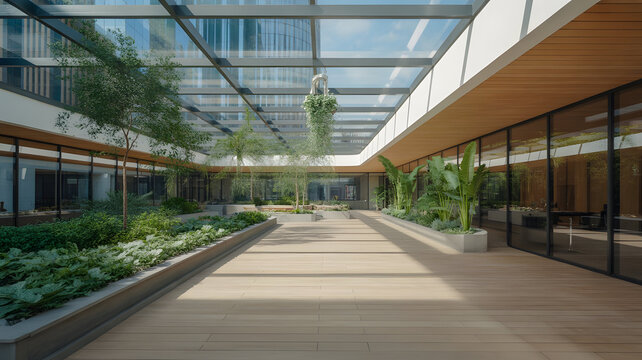 Internal courtyard garden with overhead skylight in a commercial building.