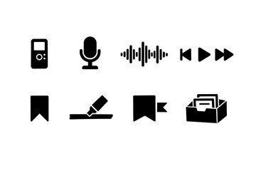 Audio player and bookmark icons set for digital interfaces