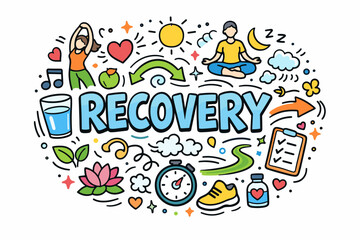 Wellness recovery doodle with yoga and healthy lifestyle elements