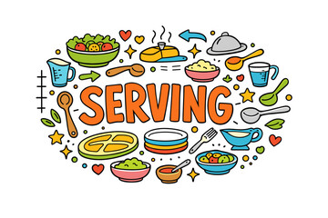 Colorful serving utensils and dishes illustration with food elements