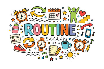 Colorful morning routine concept with fitness and daily planning elements