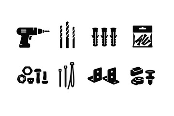 Black silhouettes of drilling tools and fixing accessories