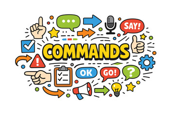 Colorful speech and control commands concept with icons and symbols