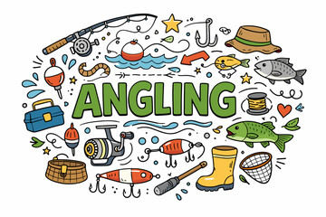Colorful angling equipment and accessories illustration for fishing enthusiasts