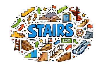 Colorful cartoon illustration of various stairs, arrows, and exit signs