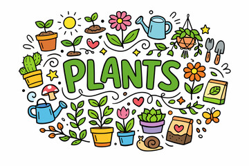 Colorful garden elements: doodles of plants, flowers, and gardening tools