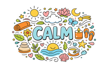 Colorful calm illustrations with yoga, nature, and relaxation symbols