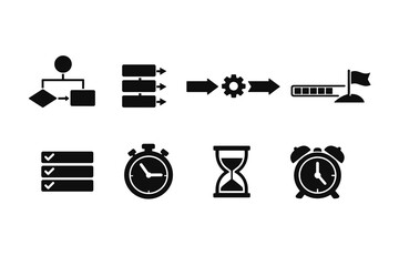 Process and time management icons: workflow, stopwatch, hourglass, checklist