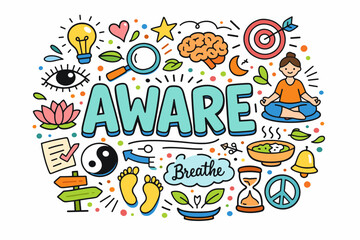 Mindfulness illustration with meditation, yoga, and positive symbols