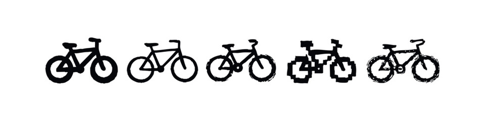 Fototapeta premium Bicycle Icons Set - Hand Drawn, Pixel Art, and Solid Vector Styles