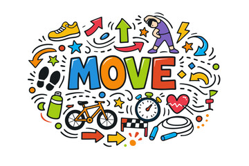 Colorful fitness motivation: stay active with fun icons and encouraging words