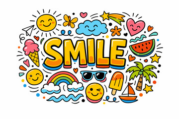 Colorful doodle art featuring smile with sun, ice cream, palm, watermelon, rainbow