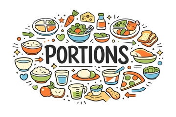 Colorful illustration of balanced food portions with various dishes and ingredients
