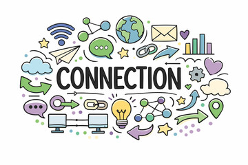 Colorful connection concept with communication and technology icons around