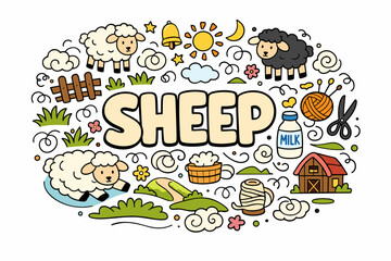 Fototapeta premium Cartoon sheep and farm elements with clouds, sun, and farmhouse illustration