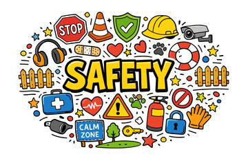Colorful safety symbols and icons illustrated in cartoon style