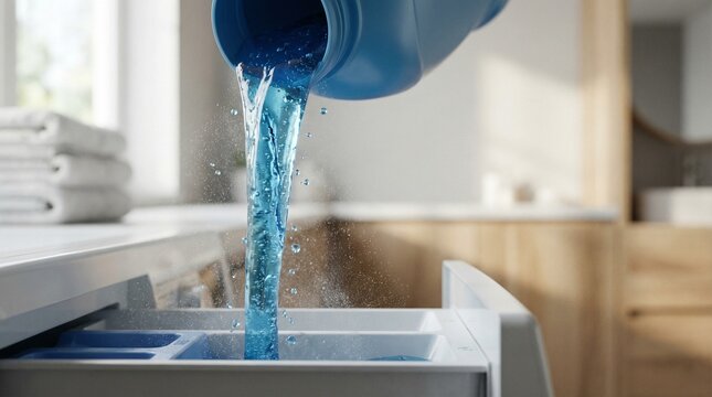 Blue liquid detergent pouring from a bottle into the dispenser drawer of a white washing machine, laundry care, household chores, clean clothes concept.