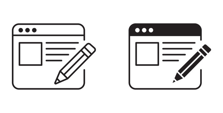 Website edit icon set, web page design symbol, content writing and publishing sign, online editor vector illustration