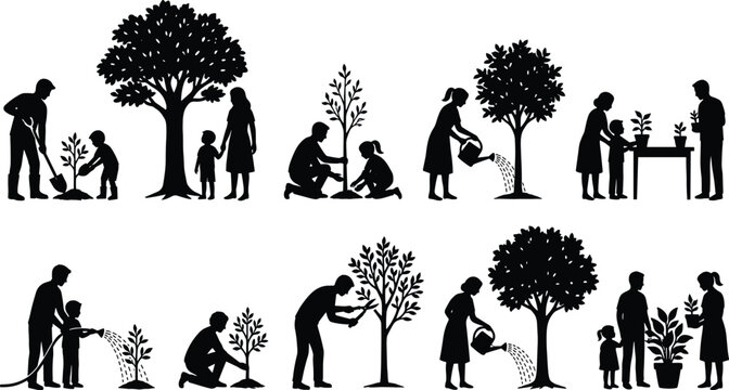 Tree planting and gardening family silhouettes showing plant growth stages from seedling to mature tree, environmental conservation concept, sustainable living and nature care illustration