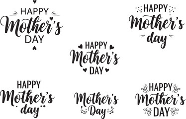 Mother's Day greeting card design elements with Happy Mother's Day text in various black typography on white background for celebration