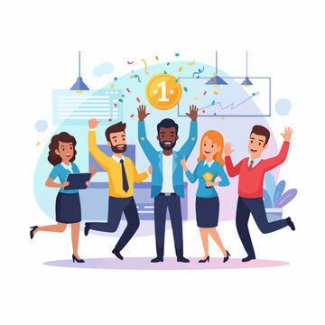 Flat vector illustration of a diverse startup team celebrating success in a modern office