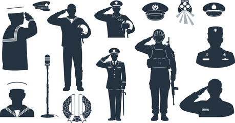 Obraz premium Military Salute Silhouette Collection Navy Army and Air Force Officers with Medals Microphone and Emblems for Patriotic Ceremony Design.